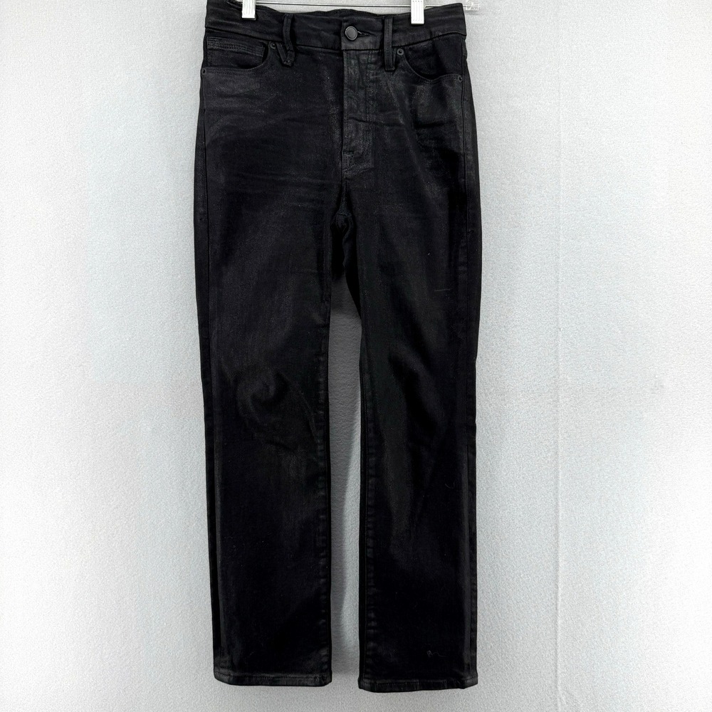 Good American Black Jeans Women 27 Coated Denim Straight Leg 5 Pocket Classic